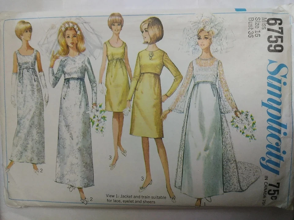 Train Jacket Dress Wedding Bridal 16 Simplicity 6759 Sewing Pattern VTG 60s FF - Image 1 of 4