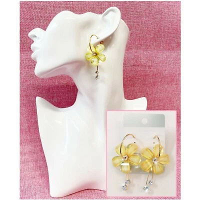 Orecchini Cerchio con Fiori Giallo Pendente con Cristalli da Donna Base Oro - Immagine 1 di 2
