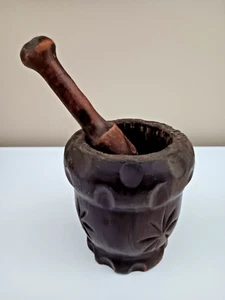 Dark Wood Carved Mortar & Pestle Set - Picture 1 of 8