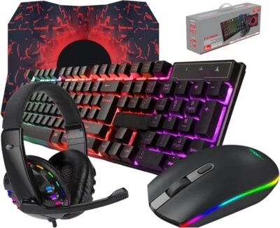 Wired Gaming Keyboard and Mouse Headset Combo Ear Headphone with Mic Mouse Pad - Image 1 of 4