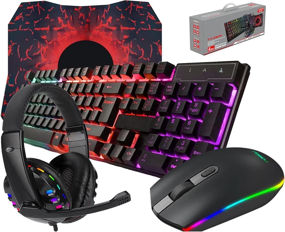 Wired Gaming Keyboard and Mouse Headset Combo Ear Headphone with Mic Mouse Pad - Image 1 of 4