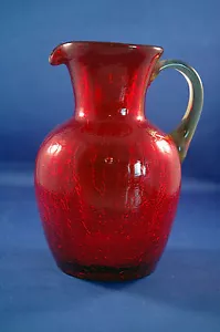 Atq Ruby Red Hand Blown Crackle Glass Pitcher 6" Amber Handle Pontil Signed - Picture 1 of 6
