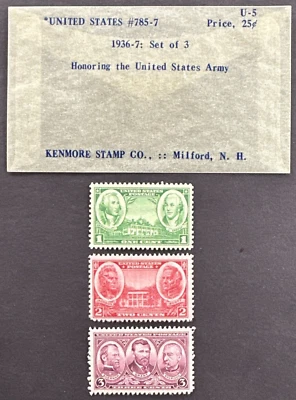 US 1936-37 Sc# 785-787 Set of 3 MNH OG Army Issue + Kenmore Stamp Co Envelope - Image 1 of 3