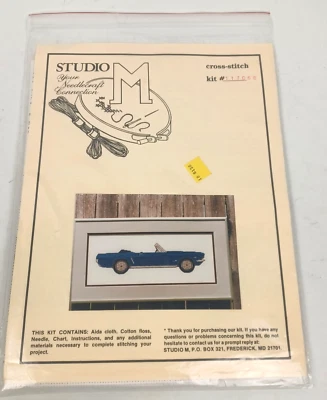 Vtg 1987 Studio M Cross Stitch Needlecraft Kit Blue Classic Mustang 15" x 6" NOS - Image 1 of 4