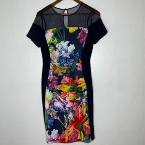 Vestido Joseph Ribkoff 10 Malla Transparente Yugo Audaz Floral Bodycon Cóctel Fiesta - Imagen 1 de 7