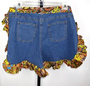 Handmade Denim Plus Size Half Apron with Brown and Yellow Floral Ruffled Ribbon