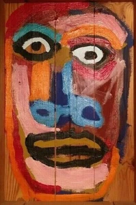 LISTED OUTSIDER ROSS BRODAR ACRYLIC ABSTRACT TRIBAL FACE on WOODEN WINE CRATE - Picture 1 of 10