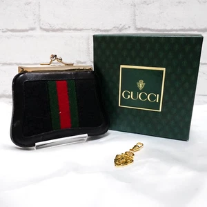 Vintage GUCCI Web stripe GG Canvas BLack Coin Purse Authentic w/ box & Charm - Picture 1 of 21