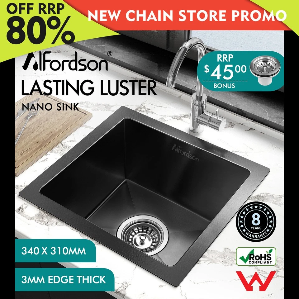 ALFORDSON Kitchen Sink Stainless Steel Drop in Flush Under Mount 340X310MM Black