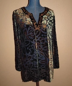 Chico's Black Brown Burnout Velvet Embellished Silk Blend Tunic Top Size 2 (L) - Picture 1 of 8