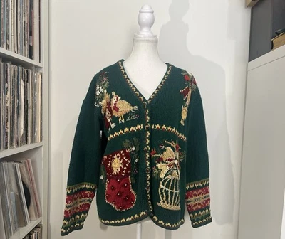 VTG 90’s Tiara Green Gold Chunky Knit Beaded Ornate Holiday Cardigan Women’s PL - Image 1 of 4