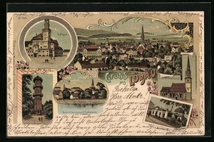 Lithographie Löbau, Ortsansicht mit Kirche und Rathaus 1901  - Picture 1 of 2