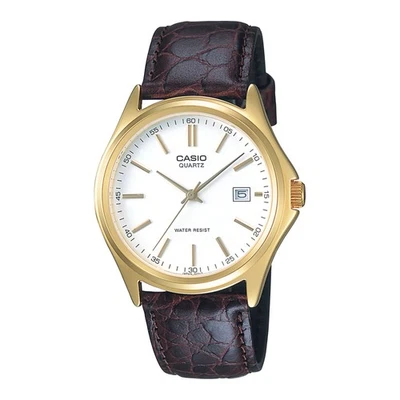 Casio Men’s Gold-Tone Analog Watch with White Dial and Brown Leather Strap - - image 1 of 2