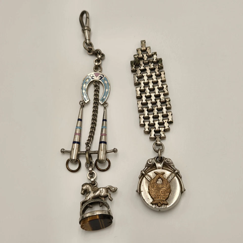 2x Cadenas de reloj antiguas eduardianas enchapadas en plata Foto 1 de 4