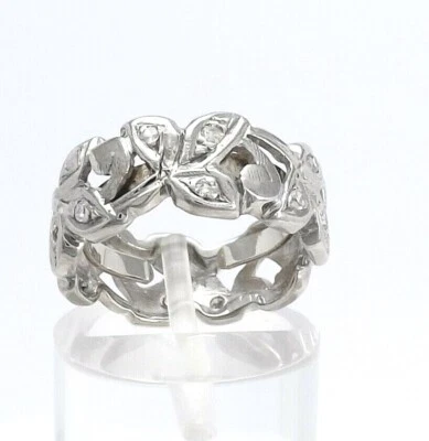 Art Deco 14k White Gold Diamond Trefoil Carved Wedding Anniversary Band Ring - Image 1 of 4