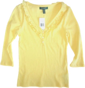 Ralph Lauren Women Size PM Yellow raffled V neck T shirt Cotton Long Sleeve New - Picture 1 of 3