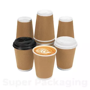 Kraft Disposable Coffee Cups - Triple Wall Ripple Paper Cup - Black / White Lids - Picture 1 of 18