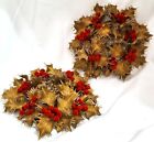 VINTAGE 2 Christmas Pillar CANDLE RINGS gold plastic holly leaves flocked berry