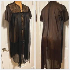 VTG 50's SEAMPRUFE LINGERIE BLACK CRYSTAL PLEAT CHIFFON & LACE ROBE USA SZ 32 - Picture 1 of 12