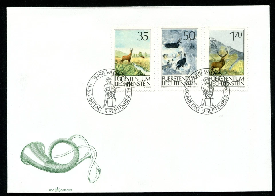 LIECHTENSTEIN 1986, HUNTING, WILD ANIMALS, Scott 849-851 on F.D.C. - Image 1 of 1