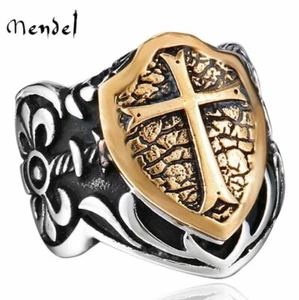MENDEL Mens Crusader Shield Knights Templar Cross Ring Stainless Steel Size 7-15 - Picture 1 of 6