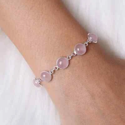 Elegante pulsera de piedras preciosas de cuarzo rosa de plata de ley 925 regalo para mujer Foto 1 de 4