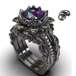 Black Gothic Rose 3-Piece Ring All Sizes (Multicoloured Stone) - Picture 1 of 3