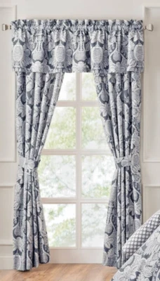 Rose Tree Wexford Lined Pole Top Window Curtain Panels Navy Blue White 100"x84" - Image 1 of 3