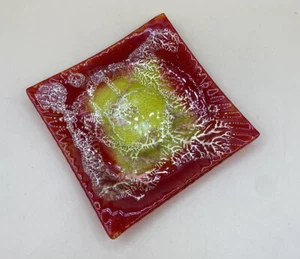 Trinket Art Glass Square Tray 7” Red Orange Yellow Gold Adventurine Flakes - Picture 1 of 10