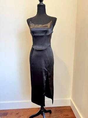 Talla M 6 8 Negro Bustier Vestido Midi Abertura Alta Gótico Bodycon Sexy Satén Elástico Foto 1 de 4
