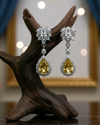 14k White Gold Lemon Yellow/ Marquise Drop Dangle Earrings Lab-Created Swarovski - Image 1 of 4
