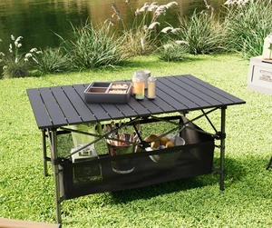Aluminum Roll-Top Folding Camping Table w/ Mesh Shelf Lightweight Outdoor Desk - Picture 1 of 7