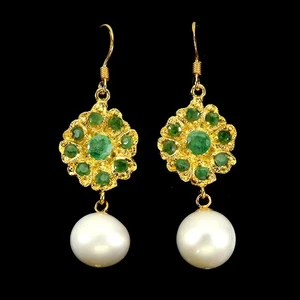 925 Sterling Silver Earrings Round Emerald Pearl Gemstone Jewelry - Picture 1 of 13
