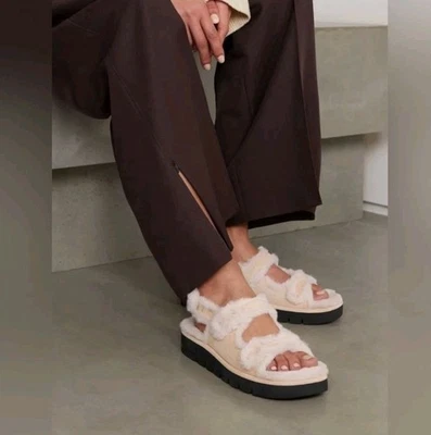 NEW Stuart Weitzman Zoe Lift Chill Faux Fur Suede Slingback Sandals Cream 7.5 - Image 1 of 4