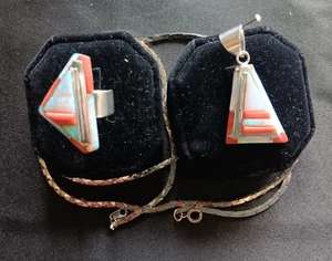 LARRY CASTILLO Ring + Pendant + Necklace Sterling Navajo Inlay 3-D Coral Opal - Picture 1 of 6