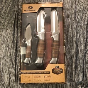 Mossy Oak #7519 3 Pack Leather Wrapped Hunting Knives 6.5" 10” 10.5" New - Picture 1 of 8