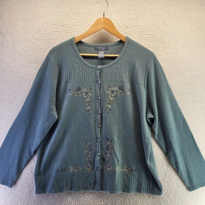 Vintage Floral Embroidered Cardigan Sweater Womens Size 1X Green Button Front - Image 1 of 4