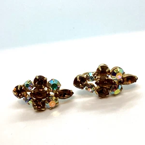 Aurora Borealis Art Glass Screw-back Earrings Sparkling Topaz Mid-Century - Picture 1 of 8