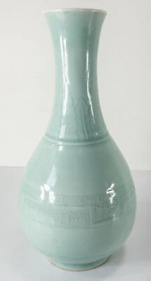 Antique Chinese Pale Celadon Clair De Lune Bottle Vase Incised Taotie - Image 1 of 4
