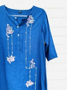 Vintage Indigo Blue Embellished Embroidered Floral Shift Lounge Dress Small - Picture 1 of 4