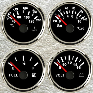 52mm 4 gauge set fuel water temp volts oil pressure for car marine red led black - Picture 1 of 5