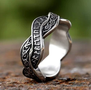 316L Edelstahl *** Wikinger Ring geflochten mit keltischen Runen, Antik-Look - Picture 1 of 13