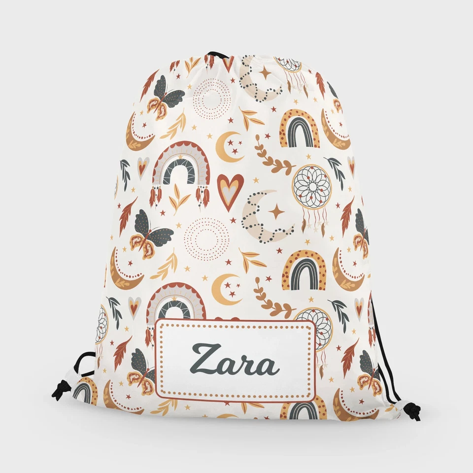 Personalised Girls Boho Rainbow Kids Drawstring Bag PE Swimming School Bag - Image 1 of 1