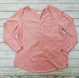 J JILL MEDIUM ORANGE COTTON  BALLERINA SHOE PRINT QUARTER BUTTON TOP BLOUSE - Picture 1 of 8