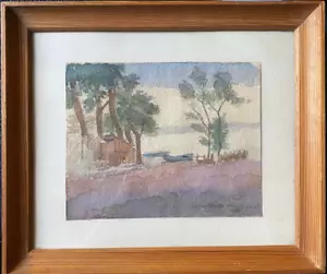 :: FRIDEV FENKER AQUARELL KAPELLE SEEUFER BOOT SONNENUNTERGANG 1943 MEER KÜSTE - Bild 1 von 6