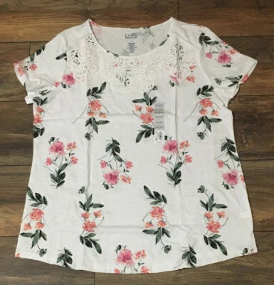 Croft & Barrow Floral T-Shirt Short Sleeve Tee With Lace Overlay around neck  - Image 1 of 3