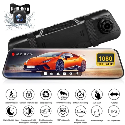 4K 10" Dual Dash Cam Car Rear Mirror View Backup Dual Camera Night Vision IPS US - Image 1 of 4