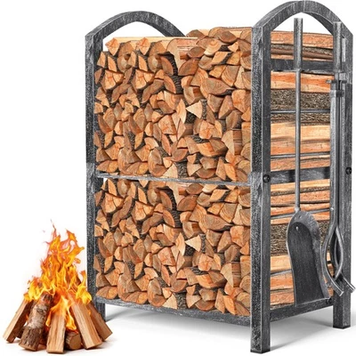 Estante de leña interior con herramientas Juego de herramientas de chimenea de 5 piezas soporte de madera exterior... Foto 1 de 4