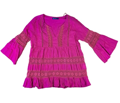 Ishka Top Womens Size Medium Pink Embroidered Peasant Bohemian Tunic Blouse - Image 1 of 4