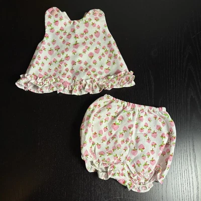 Vintage 80s RUTH SCHARF Baby Girl 3-6M Pink Strawberry Print Top & Blooomers Set - Image 1 of 4